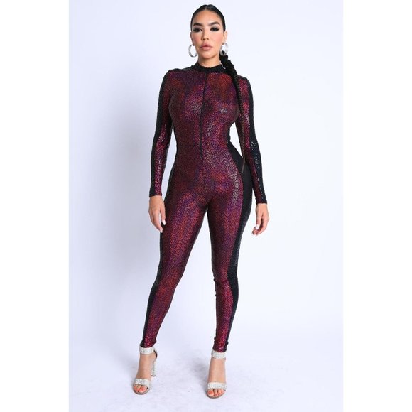 Women's Sexy Side Line Colorblock Zip Up Sequins Jumpsuit Party Club Outfit Jump - Picture 3 of 16